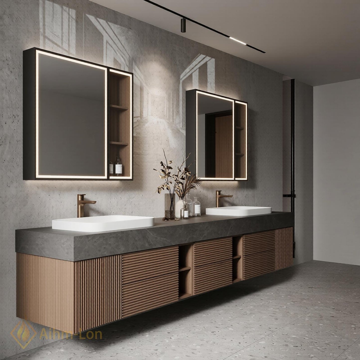 72''-96'' Double Bathroom Vanity with Sink Wood Dark Modern Floating Slatted Doors