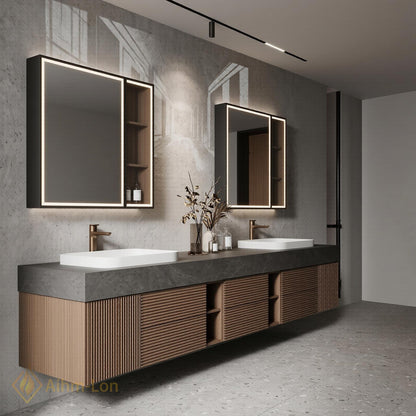 72''-96'' Double Bathroom Vanity with Sink Wood Dark Modern Floating Slatted Doors