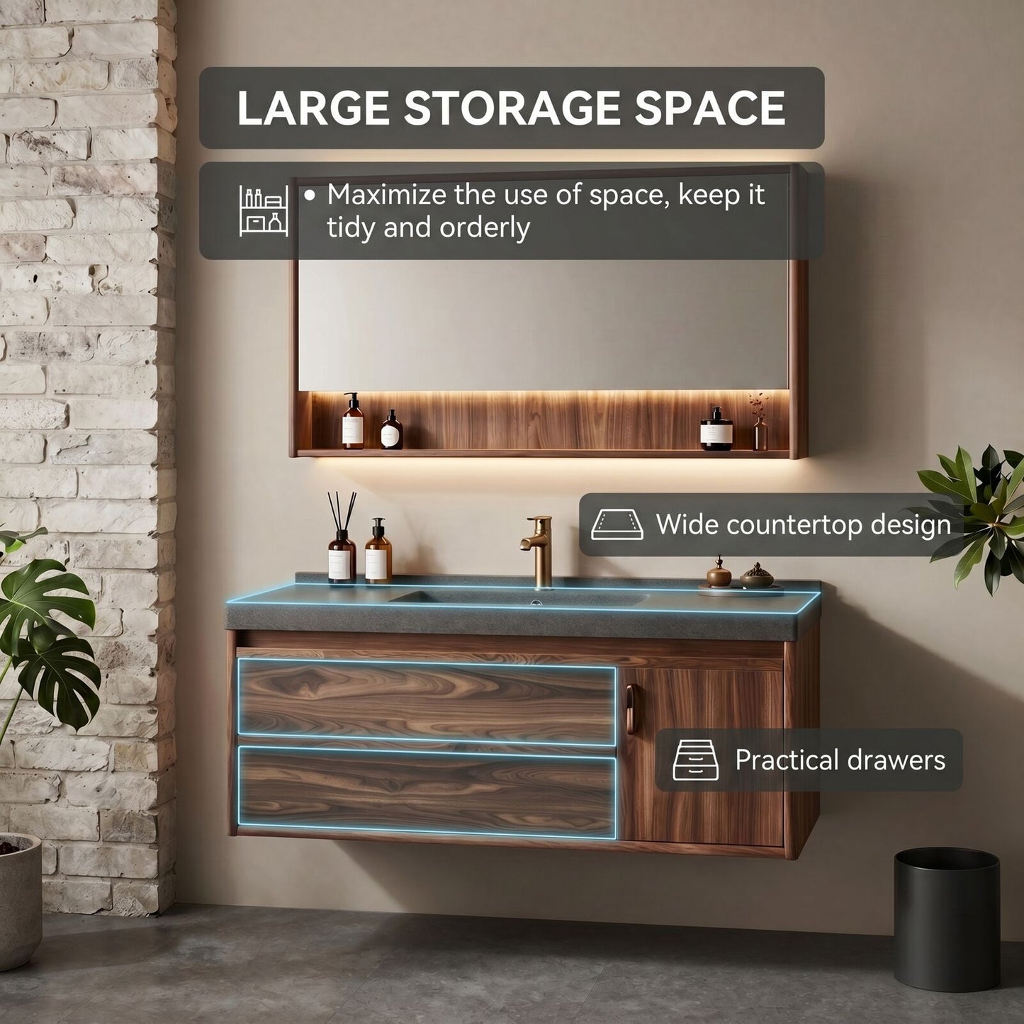 36''-64'' Modern Bathroom Vanity with Sink Floating Grey Stone Walnut Wood Grain Deep Drawers