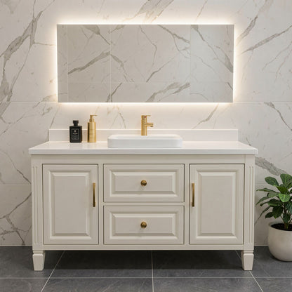 50''-64'' Elegant Bathroom Vanity with Sink White Wood-Paneled Stone LED Fluted Mirror