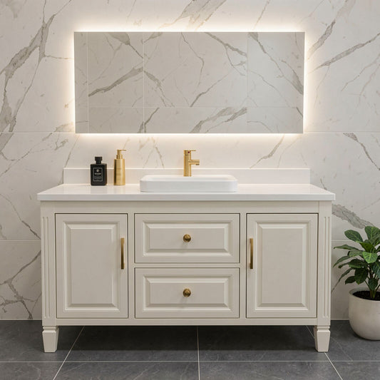 50''-64'' Elegant Bathroom Vanity with Sink White Wood-Paneled Stone LED Fluted Mirror