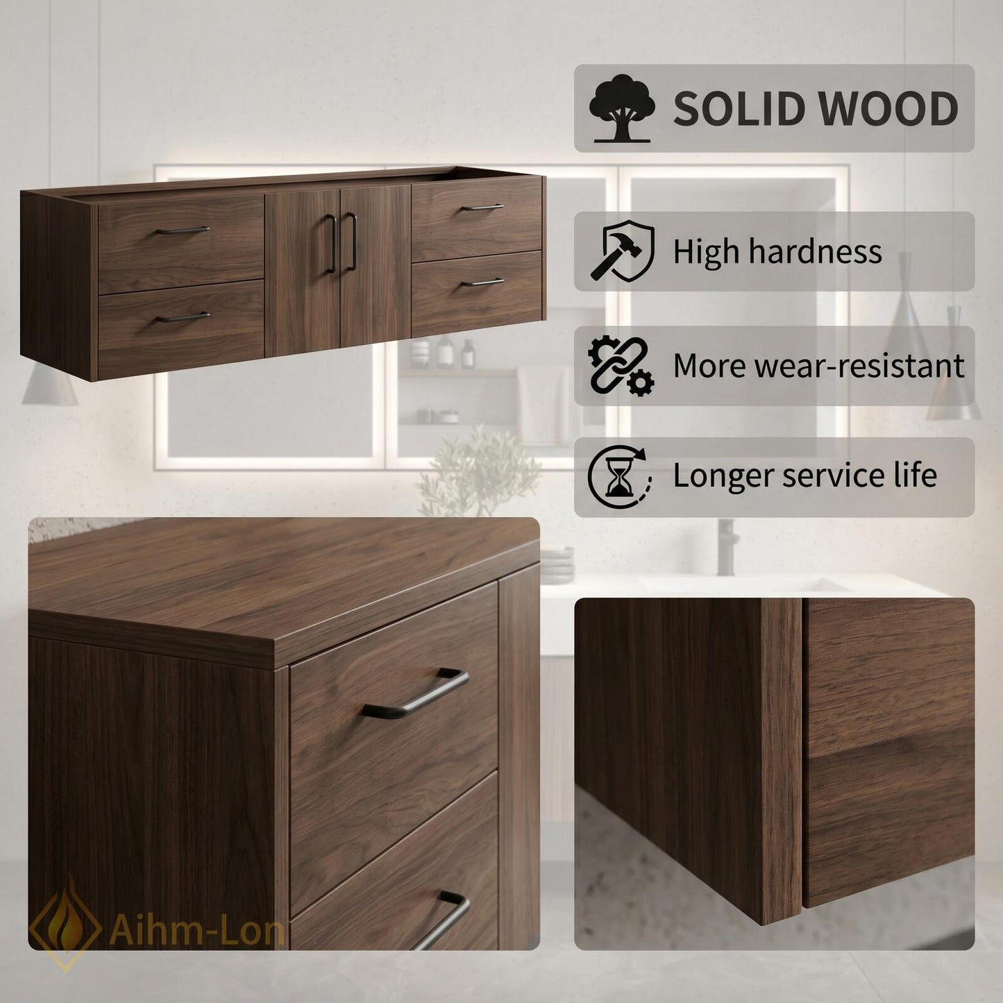 60''-96'' Double Bathroom Vanity with Sink Modern Floating Solid Frame Base Drawers