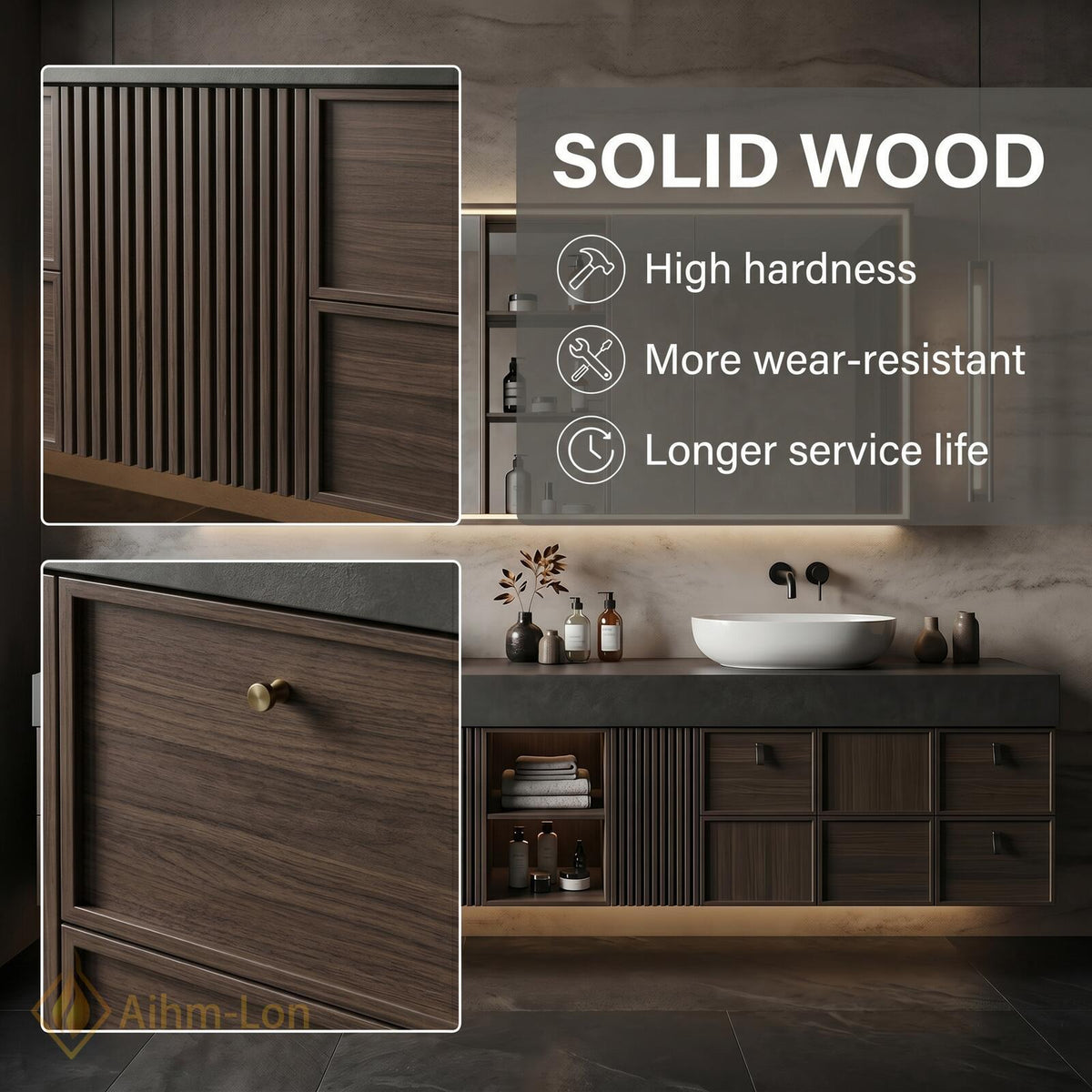 60''-96'' Double Bathroom Vanity with Sink Floating Slatted Panel Dark Walnut Finish