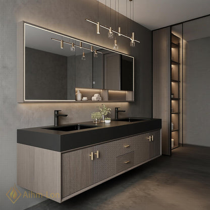 60''-96'' Double Bathroom Vanity with Sink Modern Floating Charcoal Slatted Finish Wall