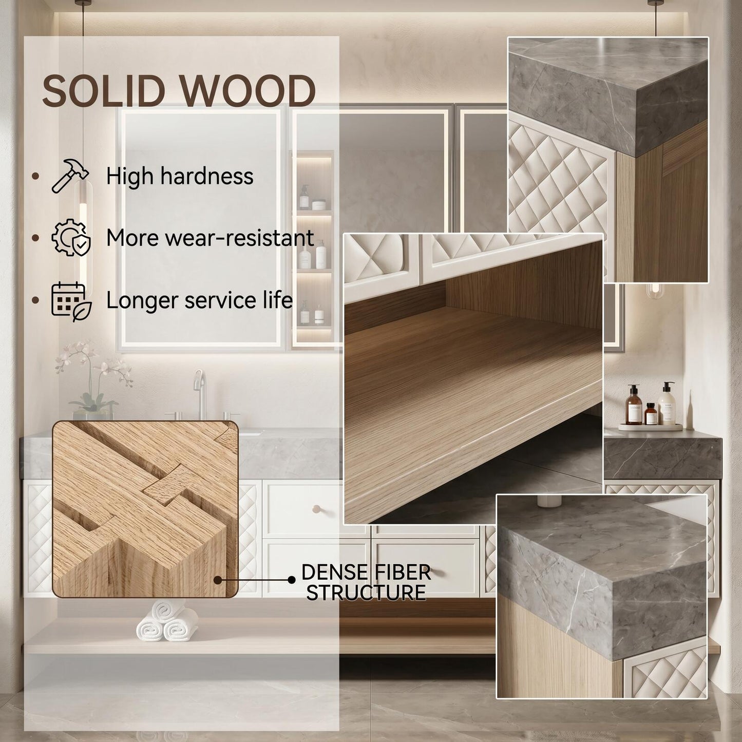 70''-96'' Modern Bathroom Vanity with Sink Double Sink Quilted Doors Quartz-Effect Storage Cabinet