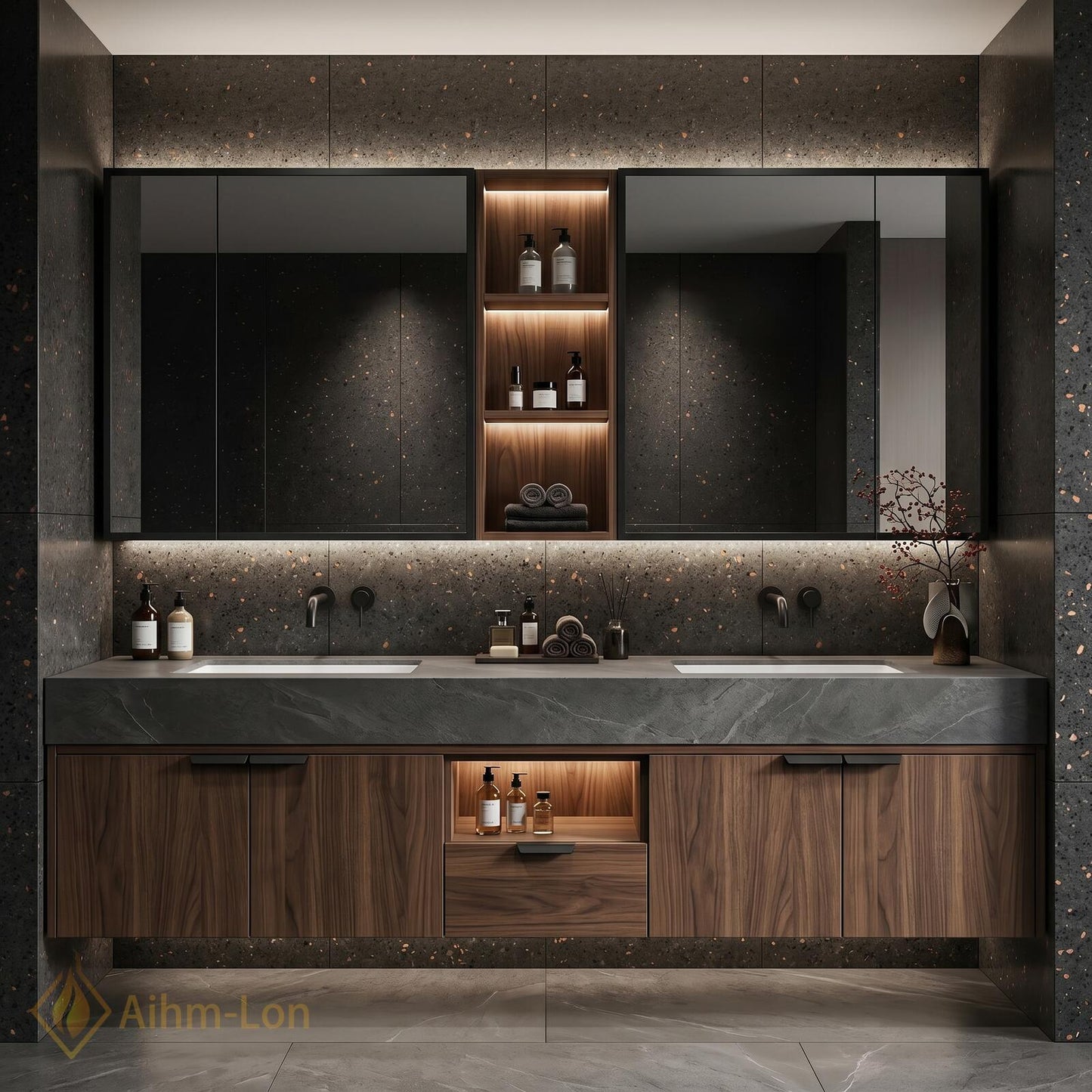 60''-96'' Sleek Bathroom Vanity with Sink Wall-Mounted Dark Wood Grain Open Mirror