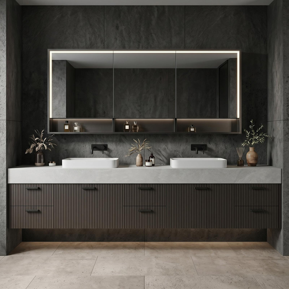 60''-96'' Double Bathroom Vanity with Sink Modern Floating Slatted Front Matte Dark Finish