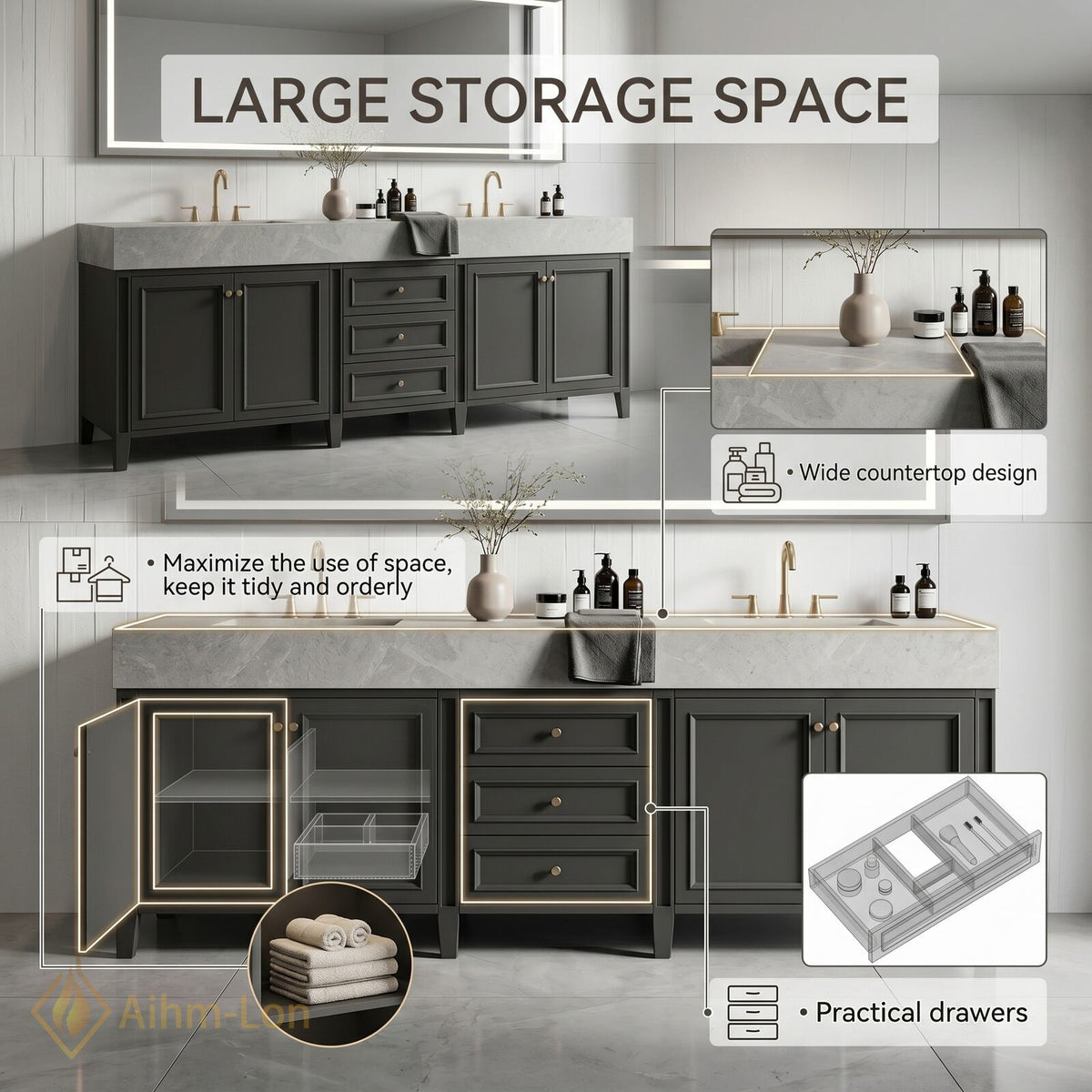 80''-96'' Double Bathroom Vanity with Sink Dark Charcoal Stone Patterned Centered Drawers
