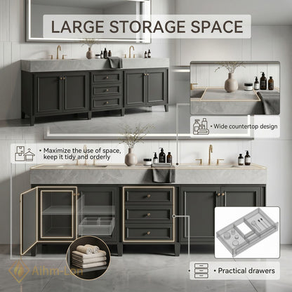 80''-96'' Double Bathroom Vanity with Sink Dark Charcoal Stone Patterned Centered Drawers