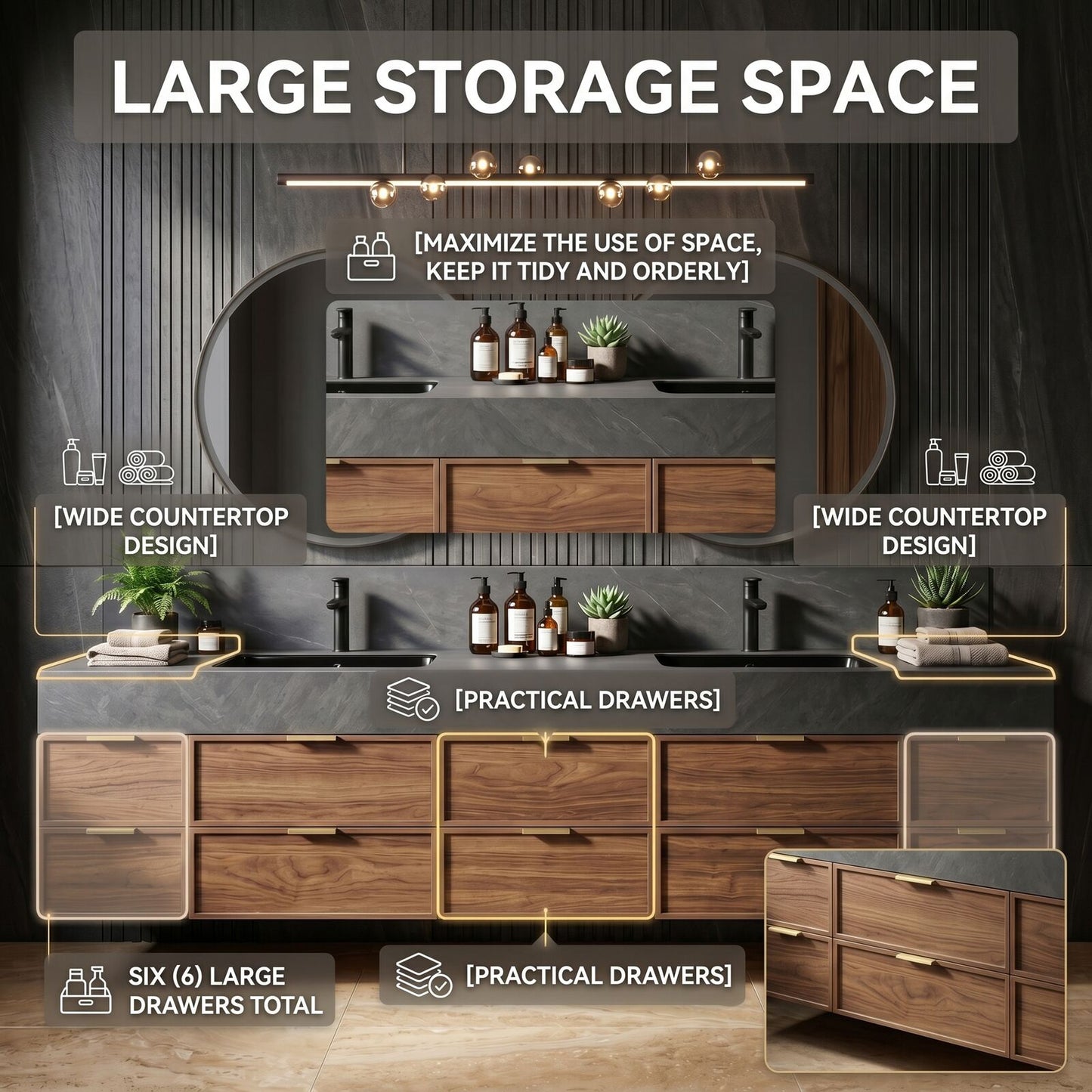 70''-96'' Floating Bathroom Vanity with Sink Double Circular Mirrors Warm Wood Grain Cabinet