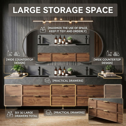 70''-96'' Floating Bathroom Vanity with Sink Double Circular Mirrors Warm Wood Grain Cabinet