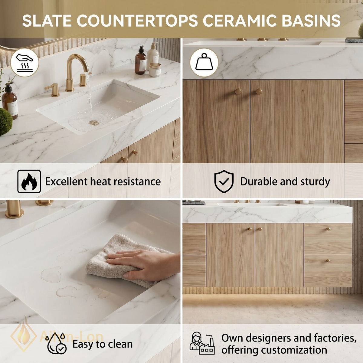 78''-96'' Double Bathroom Vanity with Sink White Marble Top Natural Wood Grain