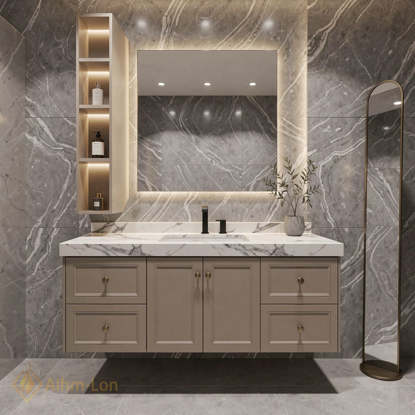 48''-64'' Modern Bathroom Vanity with Sink Floating Beige Marble Vertical Mirror Shelving