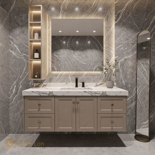48''-64'' Modern Bathroom Vanity with Sink Floating Beige Marble Vertical Mirror Shelving