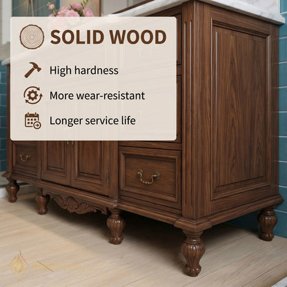 50''-64'' Elegant Bathroom Vanity with Sink Classic Carved Marble Drawers Wood Cabinet