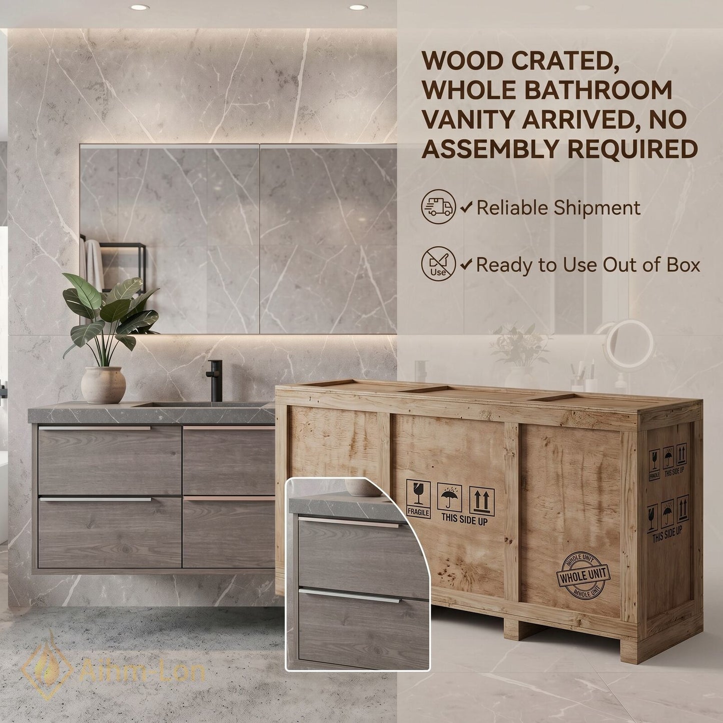 70''-96'' Modern Bathroom Vanity with Sink Floating Dark Wood Grey Stone LED Mirror