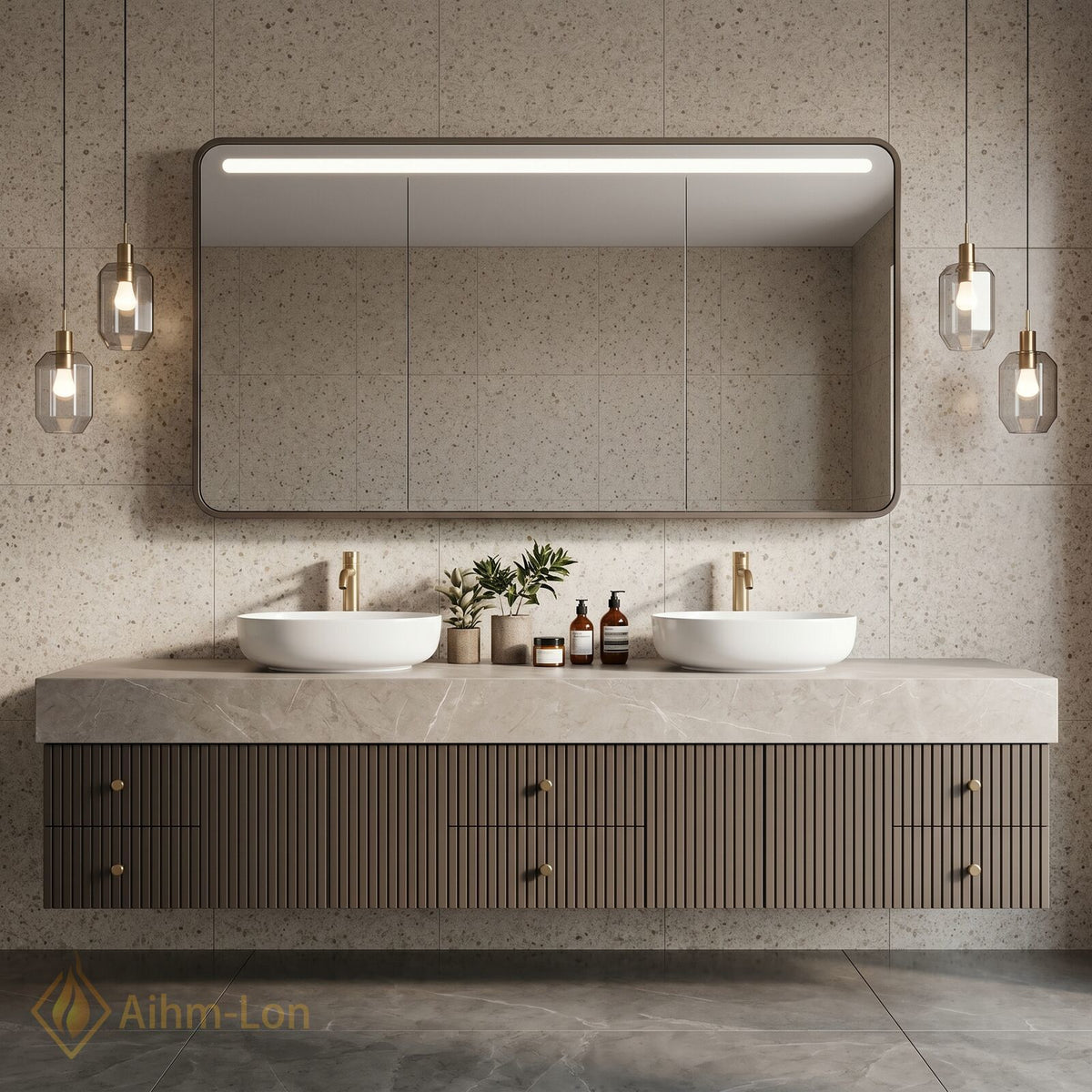60''-96'' Double Bathroom Vanity with Sink Dark Brown Slatted Panel Mirror Cabinet
