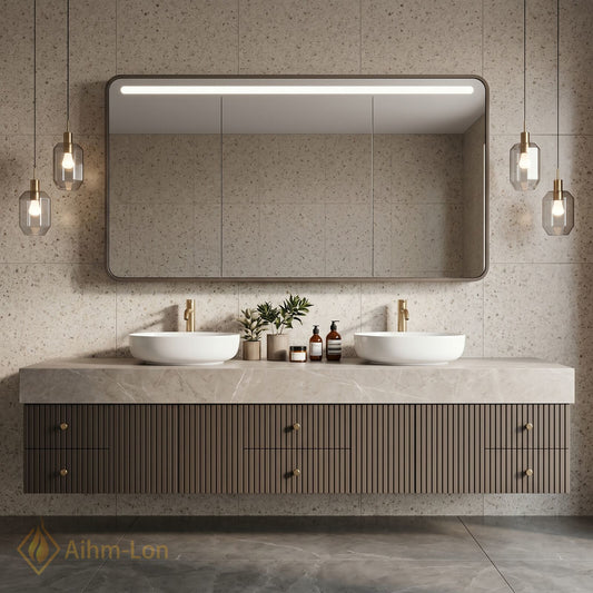 60''-96'' Double Bathroom Vanity with Sink Dark Brown Slatted Panel Mirror Cabinet