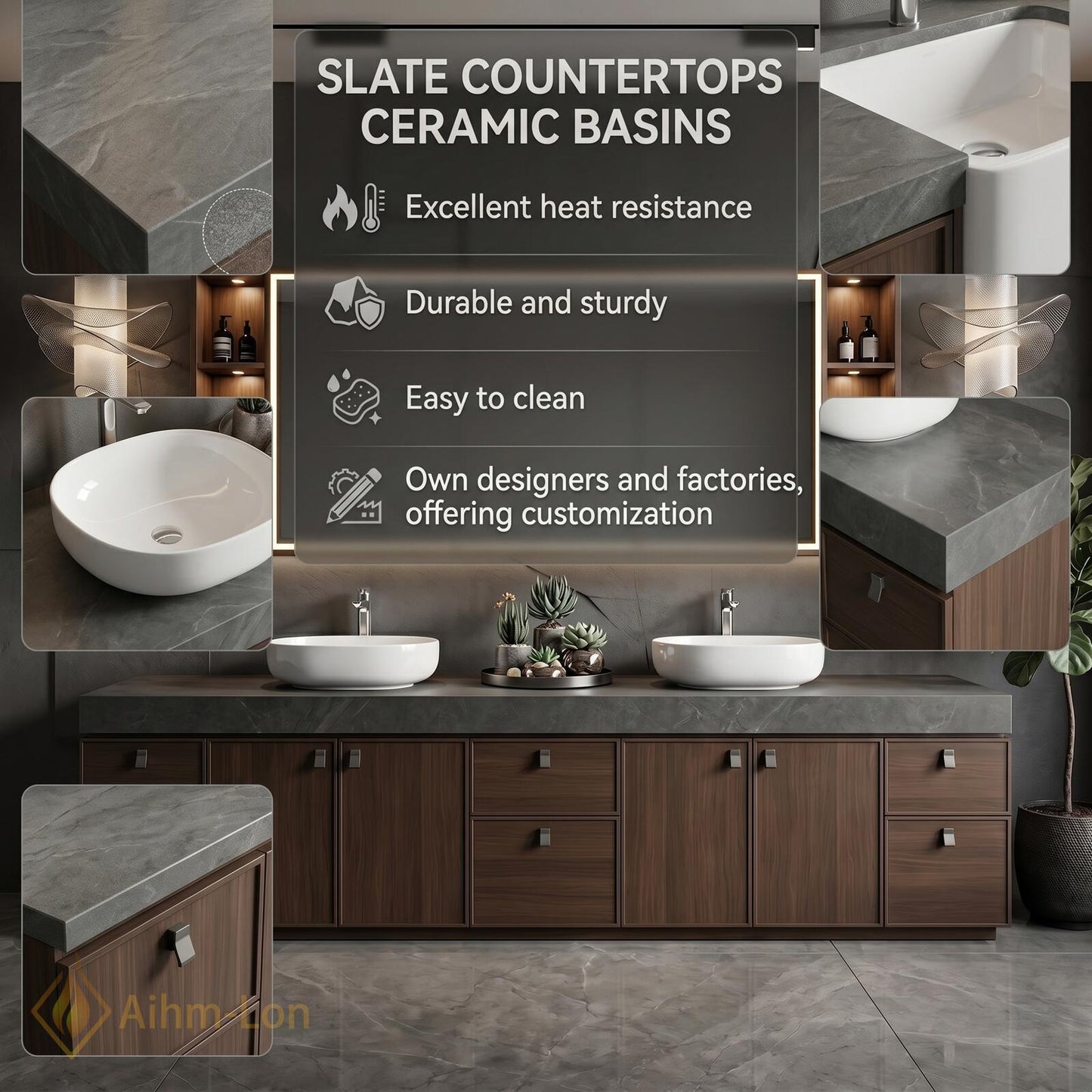 76''-96'' Modern Double Bathroom Vanity with Sink Dark Wood Stone Top Cabinet