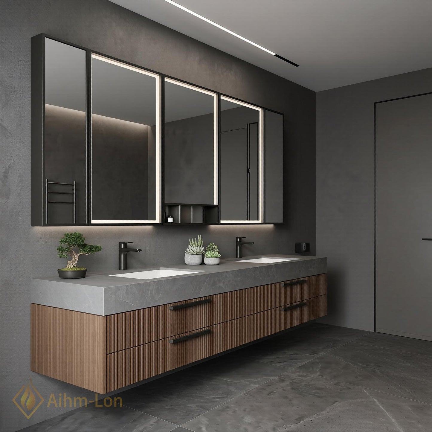 60''-96'' Double Bathroom Vanity with Sink Modern Floating Grey Stone Slatted Drawer