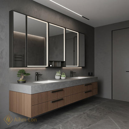 60''-96'' Double Bathroom Vanity with Sink Modern Floating Grey Stone Slatted Drawer
