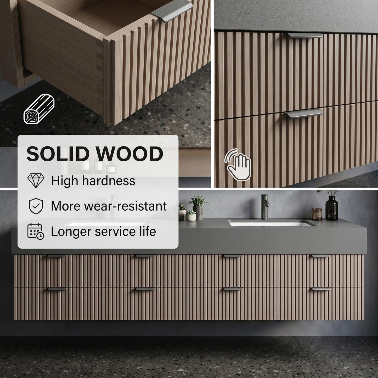 70''-96'' Modern Bathroom Vanity with Sink Floating Vertical Slatted Panels Open Shelf Cabinet