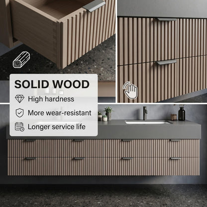 70''-96'' Modern Bathroom Vanity with Sink Floating Vertical Slatted Panels Open Shelf Cabinet