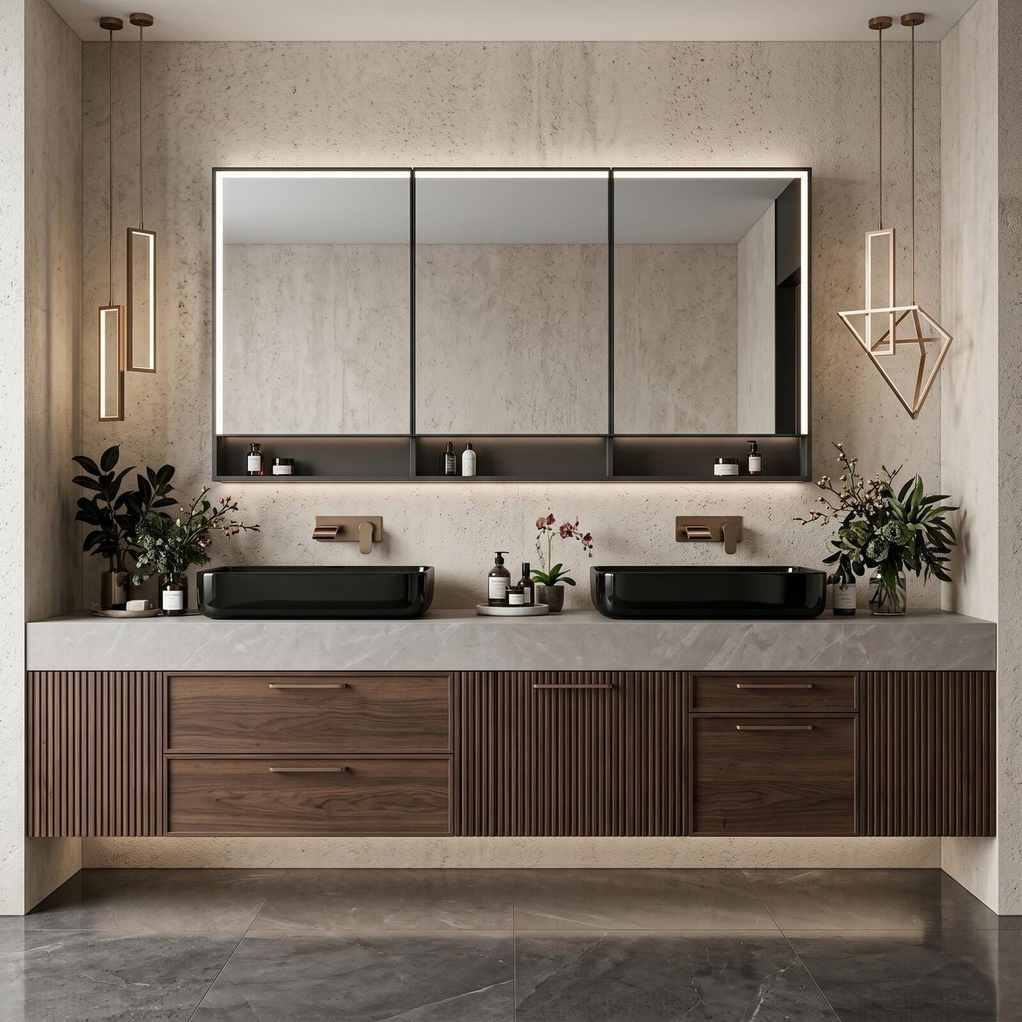70''-96'' Modern Bathroom Vanity with Sink Double Sink Walnut Tone Fluted Panels Cabinet