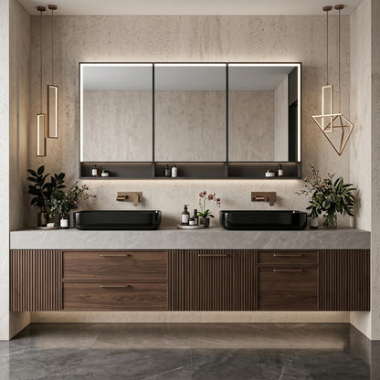 70''-96'' Modern Bathroom Vanity with Sink Double Sink Walnut Tone Fluted Panels Cabinet