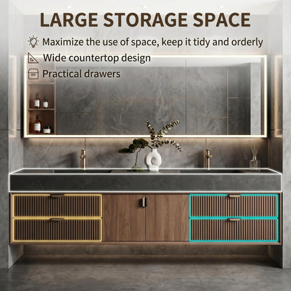 60''-96'' Modern Bathroom Vanity with Sink Dual Basins Warm Walnut Grain Storage Cabinet
