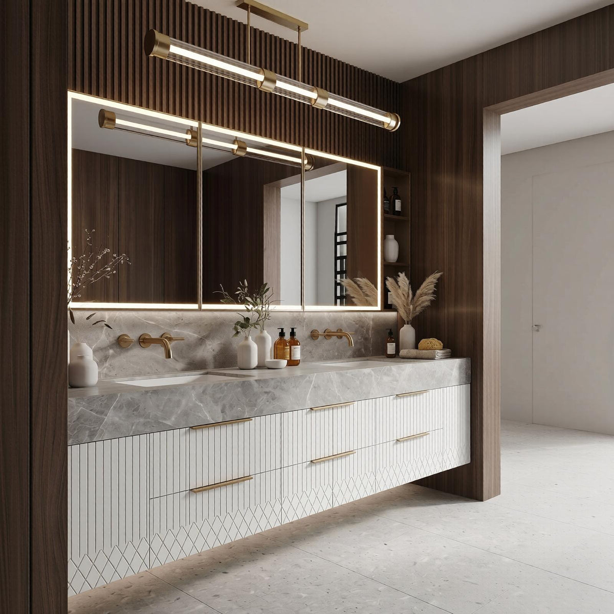 60''-96'' Double Bathroom Vanity with Sink Modern White Slat-Cut Cabinet Gray Marble Top
