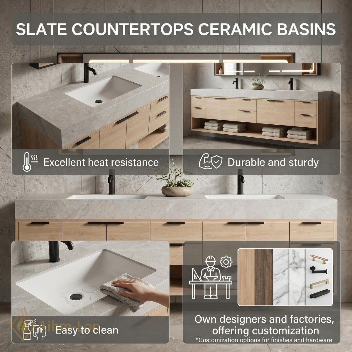 60''-96'' Double Bathroom Vanity with Sink Floating Light Wood Frame Stone Top