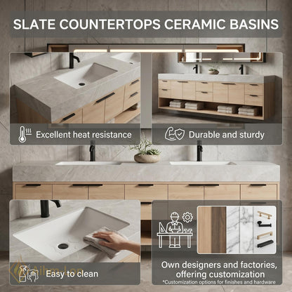 60''-96'' Double Bathroom Vanity with Sink Floating Light Wood Frame Stone Top