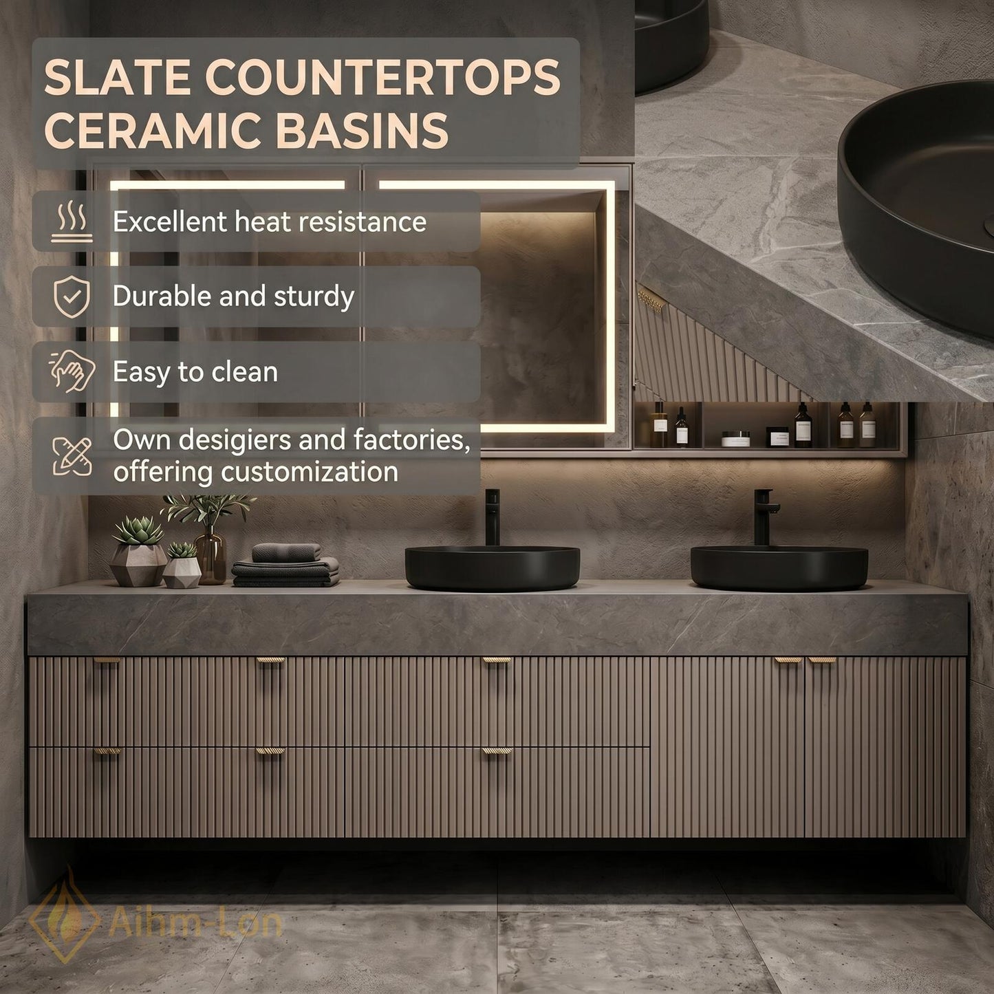 70''-96'' Double Bathroom Vanity with Sink Modern Floating Grey Stone-Effect Top Slatted