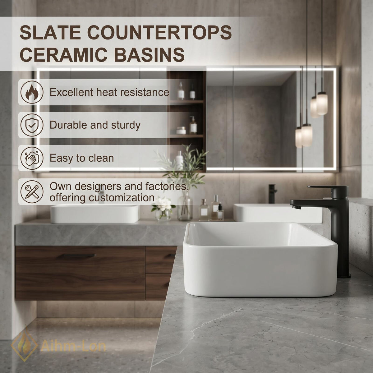 60''-96'' Double Bathroom Vanity with Sink Modern Floating Gray Stone Wood Cabinet