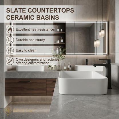 60''-96'' Double Bathroom Vanity with Sink Modern Floating Gray Stone Wood Cabinet