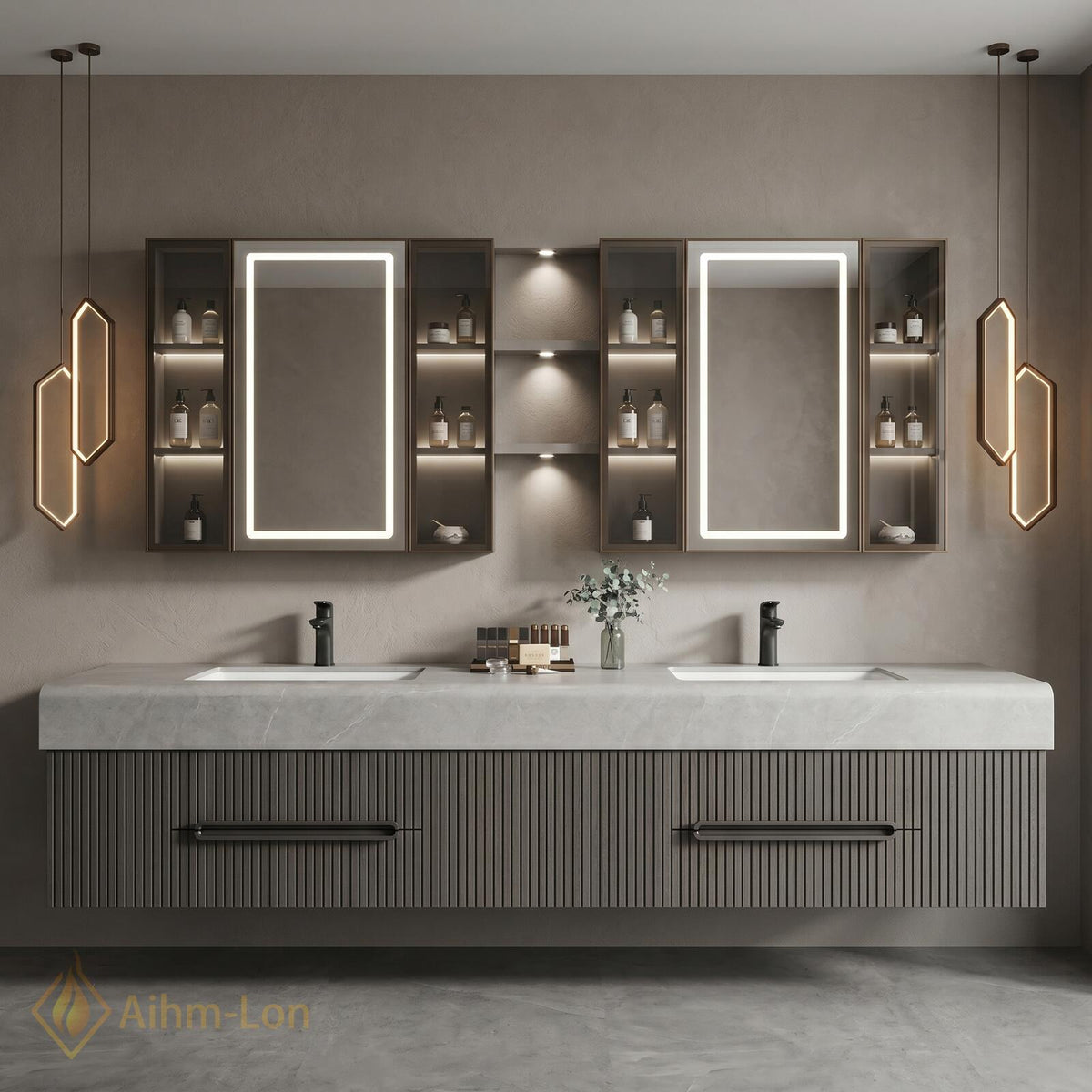 60''-96'' Double Bathroom Vanity with Sink Modern Floating Neutral Gray Finish Slatted