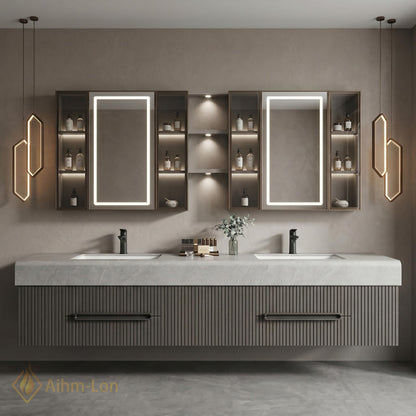 60''-96'' Double Bathroom Vanity with Sink Modern Floating Neutral Gray Finish Slatted