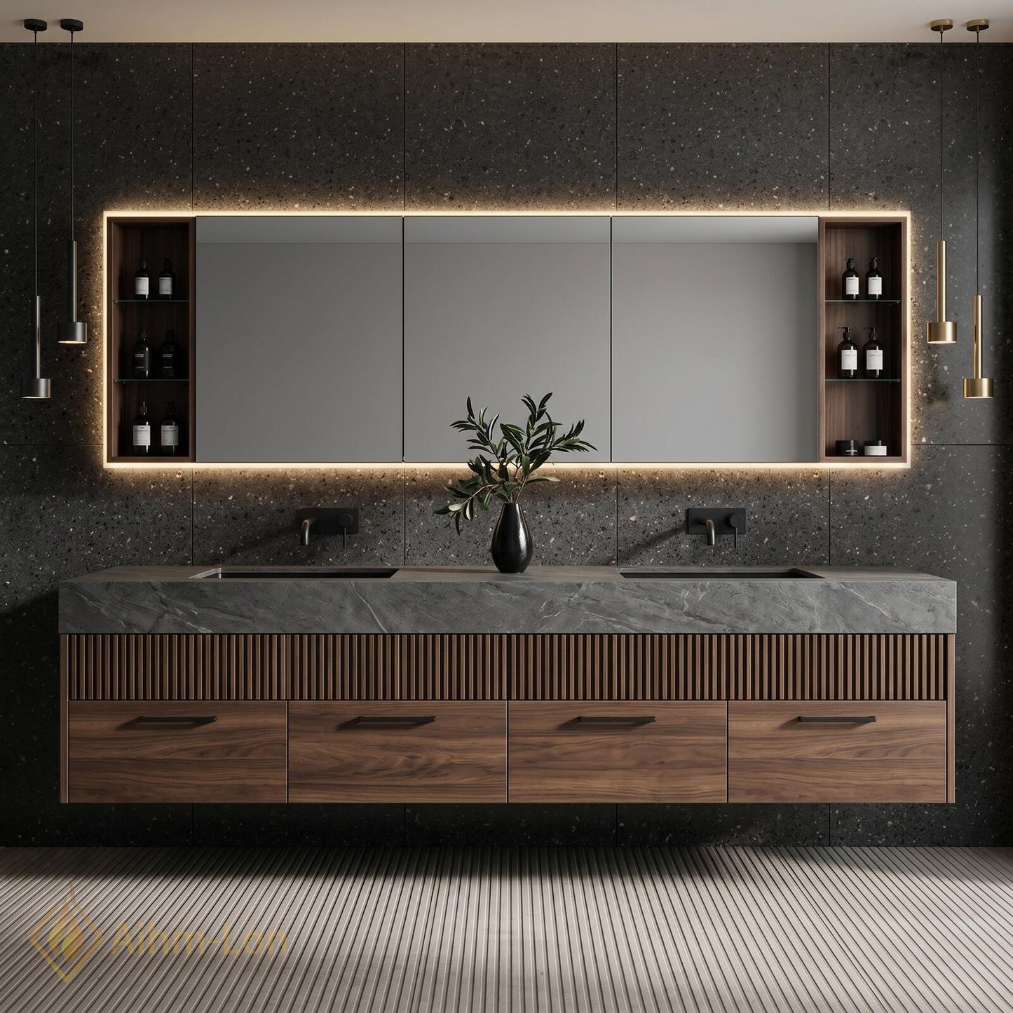 70''-96'' Double Bathroom Vanity with Sink Modern Floating Dark Stone Basins Top