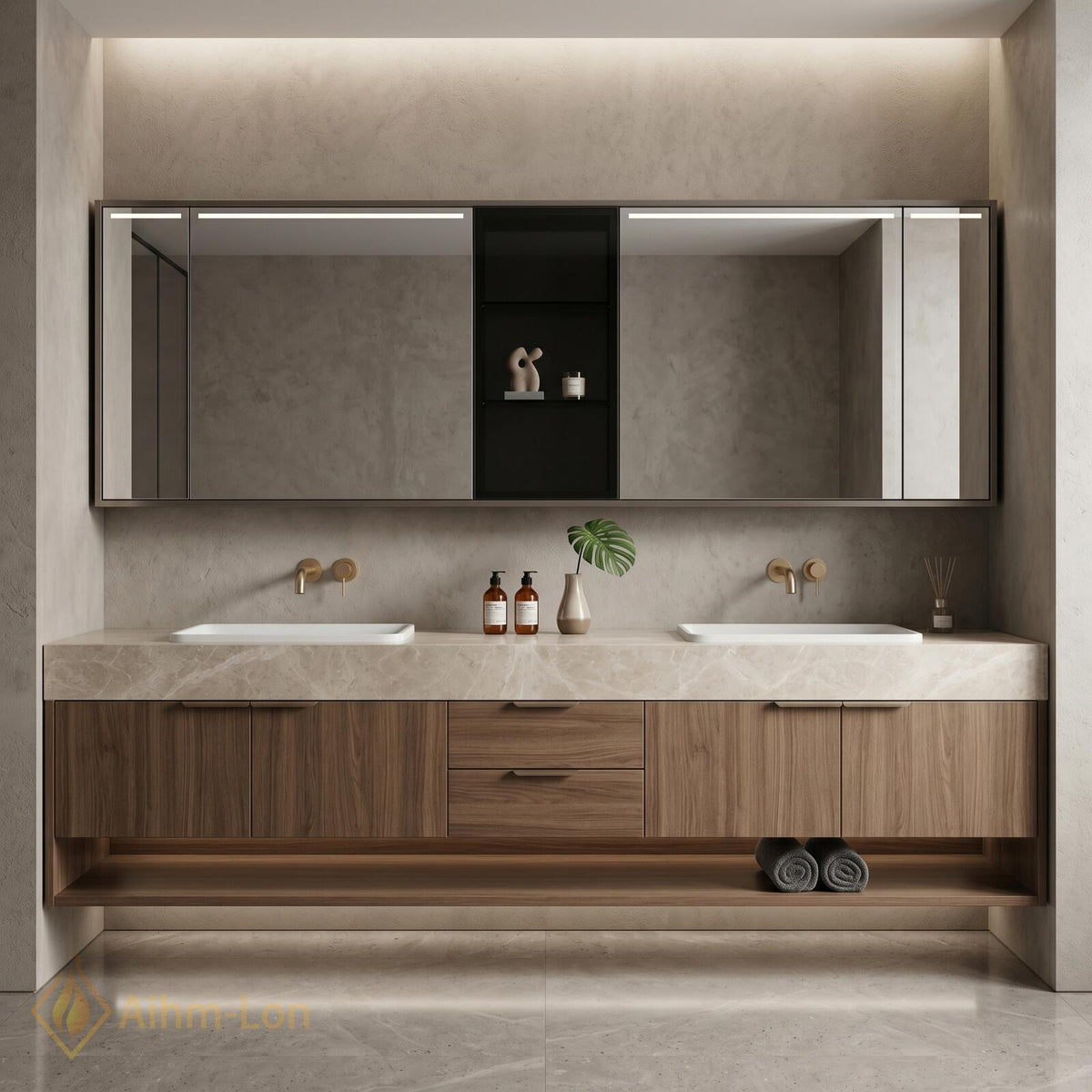 60''-96'' Double Bathroom Vanity with Sink Floating Warm Woodgrain Finish Open Shelf