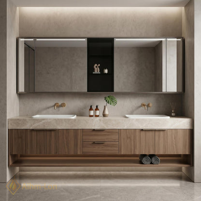 60''-96'' Double Bathroom Vanity with Sink Floating Warm Woodgrain Finish Open Shelf