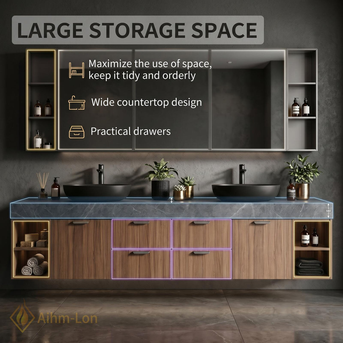 60''-96'' Double Bathroom Vanity with Sink Modern Floating Dark Walnut Finish Shelving