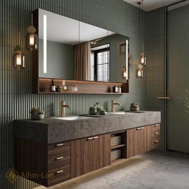 60''-96'' Double Bathroom Vanity with Sink Modern Floating Warm Walnut Open Shelving