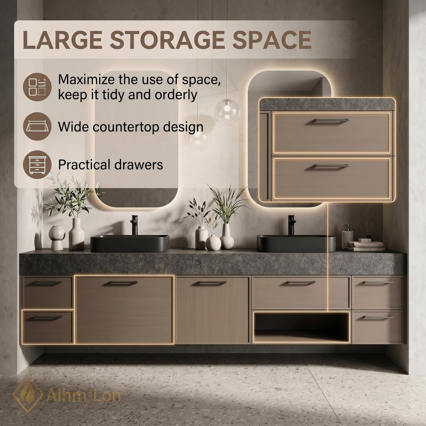 60''-96'' Double Bathroom Vanity with Sink Grey-Wood Modern Floating Grain Storage