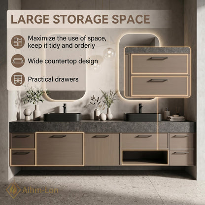 60''-96'' Double Bathroom Vanity with Sink Grey-Wood Modern Floating Grain Storage