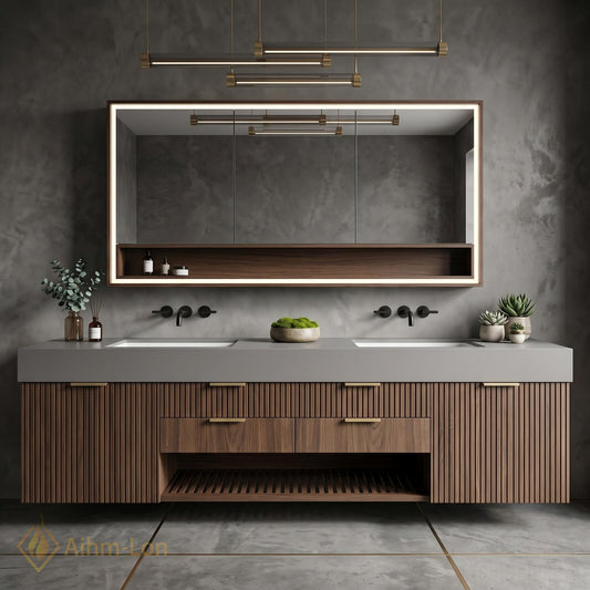 60''-96'' Double Bathroom Vanity with Sink Green Marble Top Deep Blue Storage