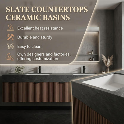 60''-96'' Modern Bathroom Vanity with Sink Double Sink Slatted Wood Front Solid Drawers Cabinet