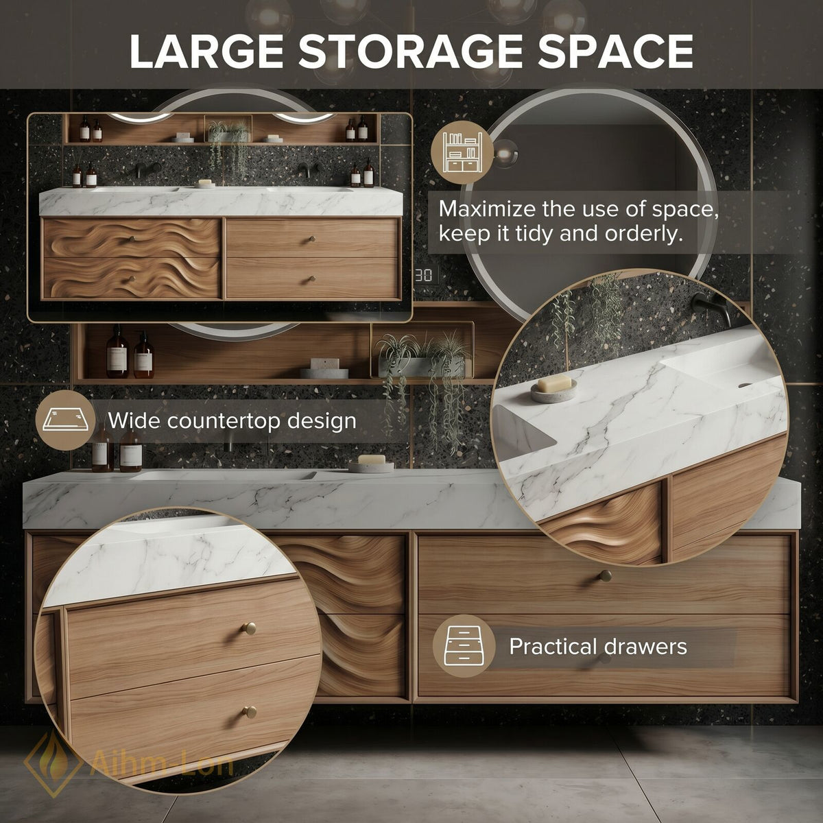 60''-96'' Double Bathroom Vanity with Sink Wavy Wood Panels Open Mirror Shelves