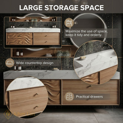 60''-96'' Double Bathroom Vanity with Sink Wavy Wood Panels Open Mirror Shelves