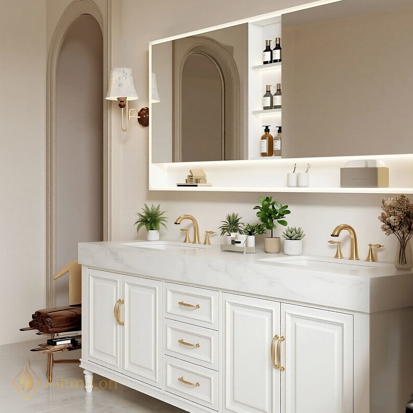72''-96'' Double Bathroom Vanity with Sink White Shaker Panel Doors Marble Textured